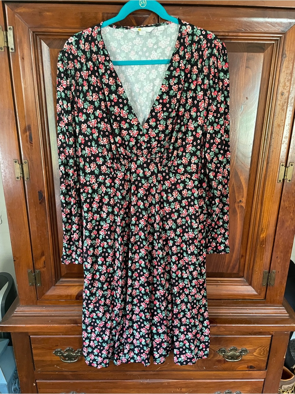 Boden Black Long-Sleeve Floral Midi Dress with Pink & Green Print